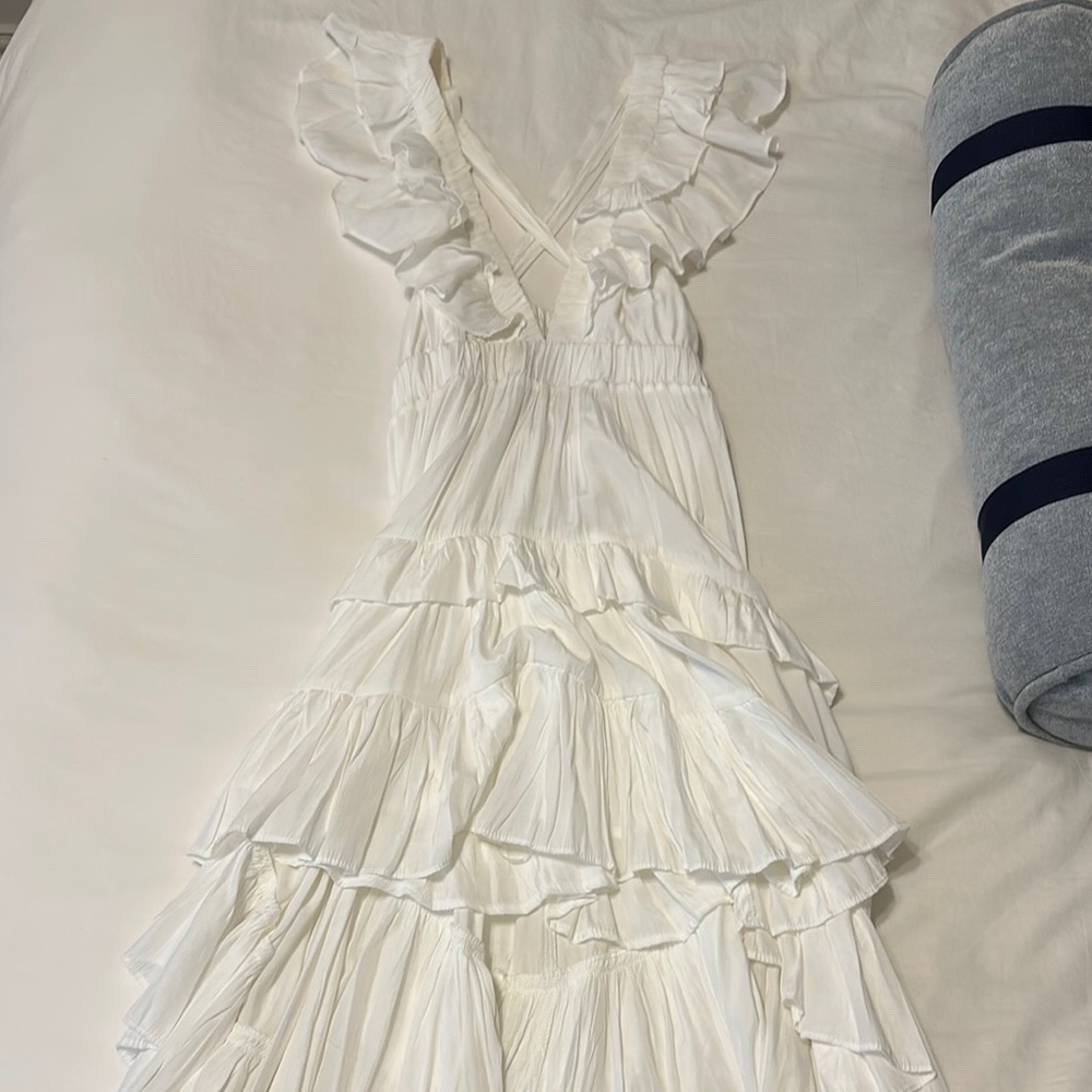 DO+BE White Ruffled Maxi Dress with V-Neck and Flutter Sleeves